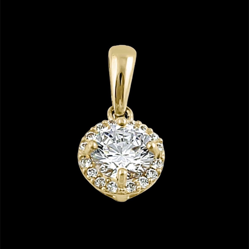 Solid 14K Yellow Solid Gold Round Halo Clear CZ Pendant